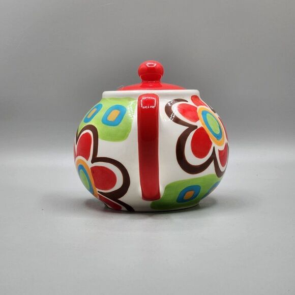 Hues N Brews Floral Teapot Red White Brown Retro 20 oz  MCM Color Coordinates - Picture 4 of 10